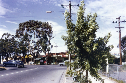 Corner of Canterbury, Mitcham & Boronia Roads, Vermont, looking towards Boronia Road, showing Vermont Shops and corner of Vermont Primary School, since demolished.  Inscriptions and Markings