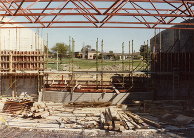 Construction of Whitehorse Centre, formerly Nunawading Arts Centre, looking towards Whitehorse Civic Centre. C.1985.