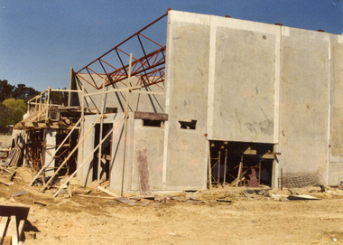 Construction of Whitehorse Centre (formerly Nunawading Arts Centre), showing side door into Banksia Room. C.1985.