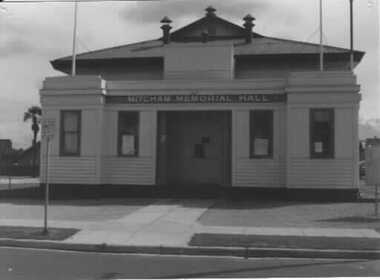 Coloured photo of exterior of Mitcham Memorial Hall in Whitehorse Road, Mitcham, since demolished.