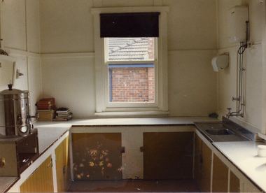 Kitchen of Mitcham Memorial Hall in Whitehorse Road, Mitcham, since demolished.  Inscriptions and Markings
