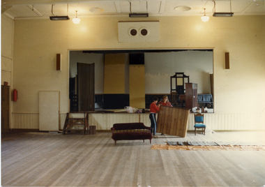  Interior of Mitcham Memorial Hall in Whitehorse Road, Mitcham, since demolished, with the Mitcham Repertory Group preparing for Show.