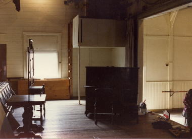 Interior of Mitcham Memorial Hall in Whitehorse Road, Mitcham, since demolished. The Stage Area being prepared for Show by Mitcham Repertory Group.
