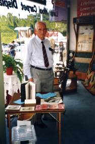 Bill Gray and Society's Display in Hoskins Carpet Shop, South Parade, Blackburn, for Blackburn's Centenary of Federation Day on 19/3/2000.