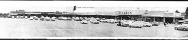 Black and white long thin photo of Brentford Square car park, 1963.