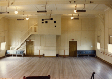 Interior of Mitcham Memorial Hall in Whitehorse Road, Mitcham, since demolished, showing Projection Box for films at back of Hall.