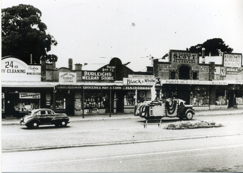 Our Lady of Fatima Parade passing through Mitcham Shopping Centre, Whitehorse Road, Mitcham, on its way to Whitefriars Monastery, Park Road, Park Orchards C.1950's.