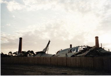 Vitclay Chimneys, prior to demolition in 1995, with demolished shed in foreground. 