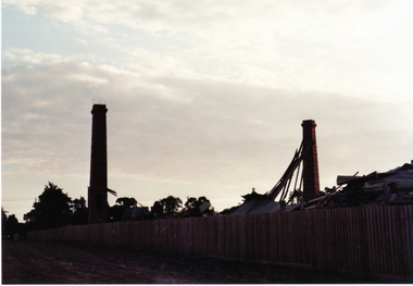 Vitclay Chimneys, prior to demolition in 1995, with demolished sheds in foreground.