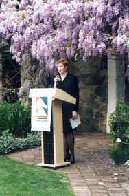  Chief Executive Officer of City of Whitehorse, Noelene Duff, speaking at the launch of the Valley of the Arts Tourist Map at Schwerkolt Cottage on 6 October 2000.