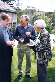 Bruce Atkinson, M.L.C., Ted and Valda Arrowsmith (President of Society) at the launch of the Valley of the Arts Tourists Map at Schwerkolt Cottage on 6 October 2000.