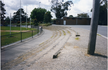 Spectator steps in Walker Park, Mitcham, Corner Dunlavin and Whitehorse Roads. Photograph taken from southern (Whitehorse Road) end. Toilets are the brick building.