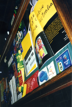 Temporary display of Sydney Olympic memorabilia in the Historical Society Museum, of items supplied by Barbara and Bob Gardiner.  Inscriptions and Markings
