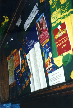 Temporary display of Sydney Olympic memorabilia in the Historical Society Museum, of items supplied by Barbara and Bob Gardiner.