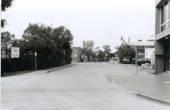 Corner of Enterprise Way, Mitcham, near Car Park looking towards corner of Mall.