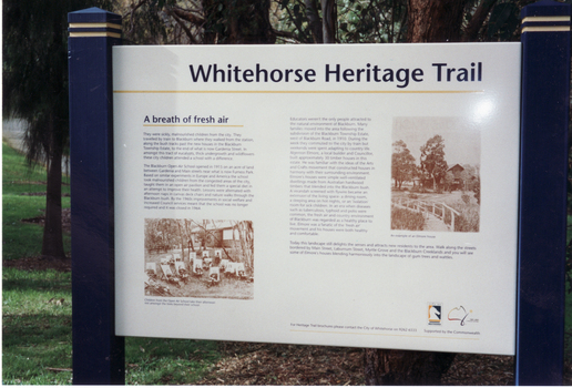 Display Board at Furness Park, Main Road Blackburn depicting the Open Air School. Part of the Whitehorse Heritage Trail.