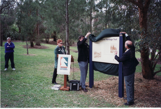 Opening of Whitehorse Heritage Trail at Furness Park Main Street Blackburn by the Mayor, Cr. Bill Bowie and Phillip Baressi, MHR and Lois Binnie, Heritage & Leisure Officer, City of Whitehorse.