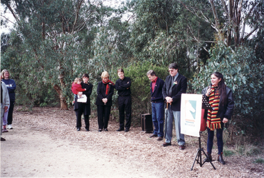 Koori Representative speaking at opening of Whitehorse Heritage Trail at Gardiners Creek Reserve, Burwood. 