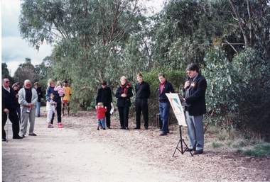 Mayor of City of Whitehorse, Cr. Bill Bowie speaking at opening of Whitehorse Heritage Trail at Gardiners Creek Reserve, Burwood.