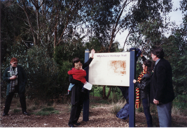 Anna Burke, MHR, for Chisholm, and the Koori representative unveiling the Display Panel at opening of Whitehorse Heritage Trail at Gardiners Creek Reserve, Burwood.