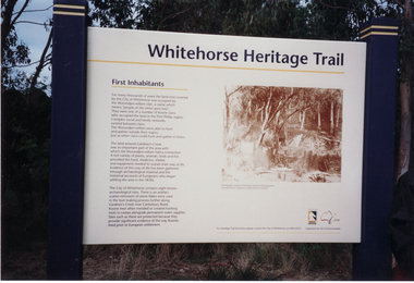 Display Panel commemorating the first inhabitants at opening of Whitehorse Heritage Trail at Gardiners Creek Reserve, Burwood.