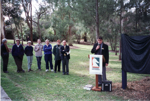 Cr. Bill Bowie, Mayor of City of Whitehorse, Speaking at opening of Whitehorse Heritage Trail.