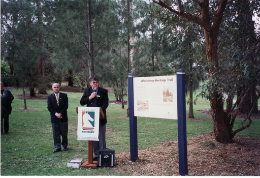 Cr. Bill Bowie, Mayor, City of Whitehorse, speaking at opening of Whitehorse Heritage Trail Furness Reserve, Main Road Blackburn.