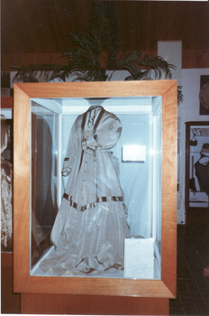 Max Grant's Grandmother's Going Away Dress in Display Case in Museum (Front View).  Inscriptions and Markings