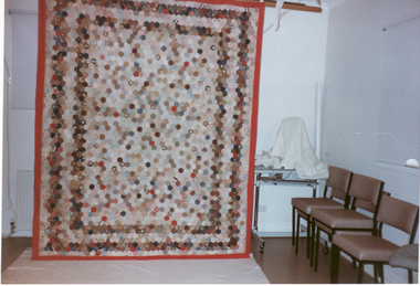 Quilt, usually on display in Cottage, hung at Embroiders' Guild in 1999 for Photo to be taken for inclusion in 'Australia's Quilts' by Jenny Mannin