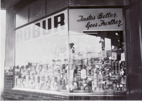 Black and white photograph of first Grocer Shop in Railway Road, Blackburn.
