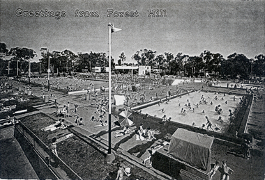 Postcard depicting open air Municipal Pool, Forest Hill before it was roofed.