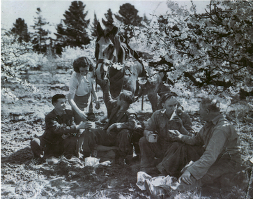 Black and white photograph of workers on Pearce family orchard on site of present Blackburn High School. 