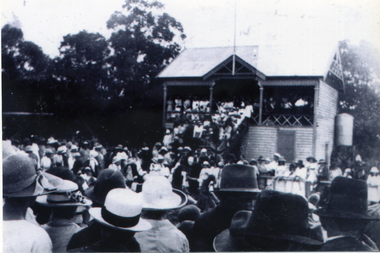 Black and white photograph of Grandstand in Mitcham Reserve, now Walker Park.,( First of three on this site).