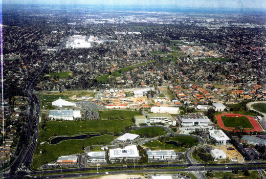 Aerial view of Tally Ho Office Park on corner of Springvale Road & Burwood Highway, East Burwood. Site partly developed.
