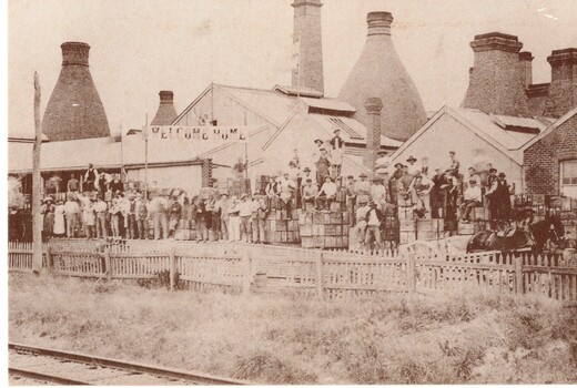 Australian Brick & Tesselated Tile Co, Mitcham in the 1920s. Workers outside the buildings.