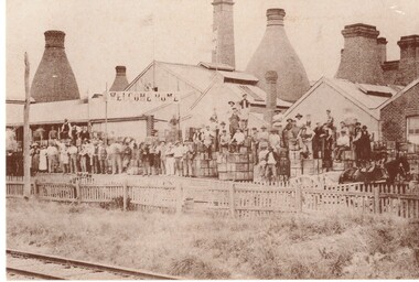 Australian Brick & Tesselated Tile Co, Mitcham in the 1920s. Workers outside the buildings.