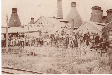 Australian Brick & Tesselated Tile Co, Mitcham in the 1920s. Workers outside the buildings.