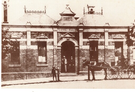 Black and white historic postcard (Set 2 No 6 ) Shire of Nunawading Hall, Station Street, Box Hill, c1890. 