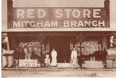 Red Store, Mitcham Road, south side of Whitehorse Road showing double fronted shop with two salesmen outside with goods for sale