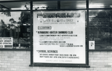 Photograph, Information Board for Nunawading Memorial Swimming Pool, c 1976