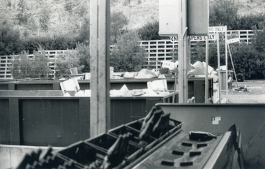 The recycling bins at the Waste Transfer Station on Burwood Highway. The Station was opened in 1978