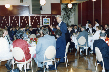 Bob Hawke, Prime Minister, speaking to guests at the Civic Reception to him in the Nunawading Arts Centre, Waratah Room, in 1989