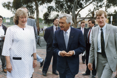 Bob Hawke, Prime Minister, with the Mayor, Councillor Dorothy Smith, and Tony Lamb MHR for Coburg, during his visit to Nunawading in 1989