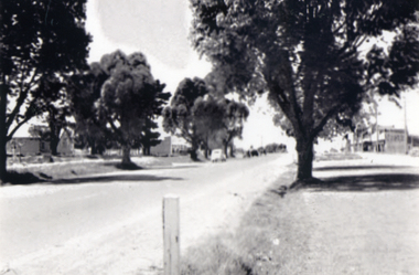 Mitcham looking east from opposite Albert Street. Note the two lane road with trees each side of the road. Christ Church Mitcham in Edward Street can be seen on the left.