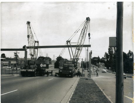 Placing of the spans for the pedestrian overpass in Whitehorse Road,  at Peel Street Mitcham