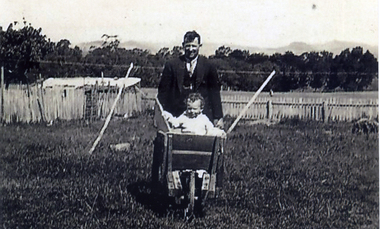 Rear of the Reserve Hotel. John McDonnell owner. Man and child unknown. c1900