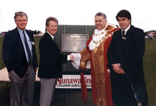 Nunawading Mayor, Cr Les Cooper and Councillor Bill Bowie with East Burwood representatives, Bob McDowell and Ball Hayes, at the opening of the East Burwood Sporting Club, Saturday 24th July 1993