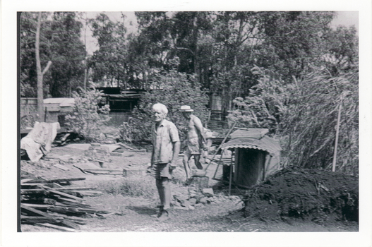 Albert Sharp and friend at 16 Halley Street, Blackburn. A goat farm in the background