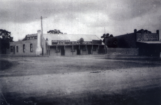 The old Hill Hotel showing the street view. Also the butcher next door.