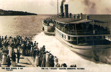 postcard showing the ferry 'Hygeia' leaving Sorrento. Ferries to Sorrento were used to take orchardist families on their annual picnic